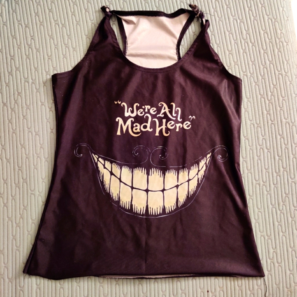 Cheshire Cat Alice in Wonderland Tim Burton We're all Mad Tank Tee Goth Emo Punk